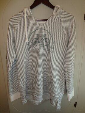 BLUE84 Hooded Sweatshirt M Grey/Wht Raglan Long Sl. Raw Edges Stripes Pockets